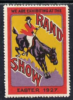Cinderella - Poster stamp inscribed We are exhibiting at the Rand Show, Easter 1927 showing rider on horse, without gum, stamps on horses