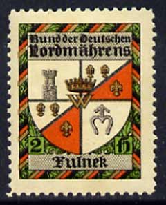 Cinderella - Perf label inscribed and showing Arms of Fulnek, stamps on arms, stamps on heraldry