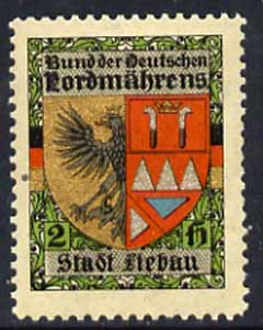 Cinderella - Perf label inscribed and showing Arms of Stadt Liebau, stamps on arms, stamps on heraldry