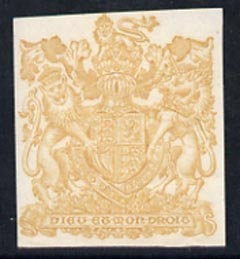 Cinderella - Great Britain imperf label showing the Royal Coat of Arms, recess printed in pale orange on ungummed paper, stamps on arms, stamps on heraldry