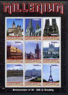 Afghanistan 1999 Millennium - Architecture of the 11th to 19th Centuries perf sheetlet containing 9 values unmounted mint, stamps on , stamps on  stamps on millennium, stamps on  stamps on architecture, stamps on  stamps on eiffel tower, stamps on  stamps on buildings, stamps on  stamps on monuments, stamps on  stamps on 