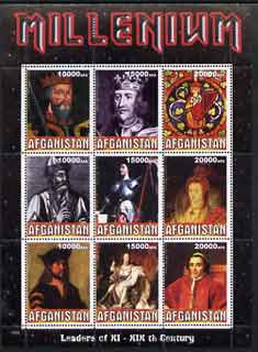 Afghanistan 1999 Millennium - Leaders of the 11th to 19th Centuries perf sheetlet containing 9 values unmounted mint, stamps on , stamps on  stamps on millennium, stamps on  stamps on personalities, stamps on  stamps on royalty, stamps on  stamps on pope