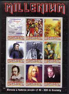 Afghanistan 1999 Millennium - Events & Famous People of the 11th to 19th Centuries perf sheetlet containing 9 values unmounted mint, stamps on millennium, stamps on personalities, stamps on galileo, stamps on handel, stamps on music, stamps on composers, stamps on stained glassf