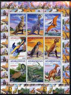 Afghanistan 2000 Pre-historic Animals #3 perf sheetlet containing set of 9 values unmounted mint, stamps on , stamps on  stamps on dinosaurs