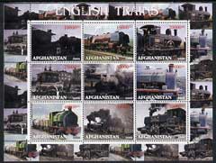 Afghanistan 2000 English Trains perf sheetlet containing set of 9 values unmounted mint, stamps on , stamps on  stamps on railways