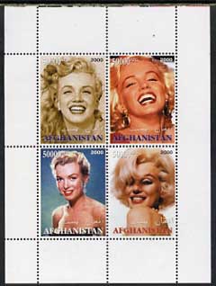 Afghanistan 2000 Marilyn Monroe perf sheetlet containing set of 4 values unmounted mint, stamps on , stamps on  stamps on movies, stamps on  stamps on films, stamps on  stamps on cinema, stamps on  stamps on women, stamps on  stamps on marilyn monroe