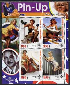 Guinea - Conakry 2003 Pin-up Art of Dil Elvgren featuring Marilyn Monroe perf sheetlet containing 4 values (each with Scout logo) unmounted mint, stamps on , stamps on  stamps on films, stamps on  stamps on cinema, stamps on  stamps on entertainments, stamps on  stamps on women, stamps on  stamps on marilyn monroe, stamps on  stamps on personalities, stamps on  stamps on scouts, stamps on  stamps on arts, stamps on  stamps on glamour