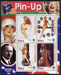 Guinea - Conakry 2003 Pin-up Art of George Petty featuring Marilyn Monroe perf sheetlet containing 4 values (each with Scout logo) unmounted mint, stamps on , stamps on  stamps on films, stamps on  stamps on cinema, stamps on  stamps on entertainments, stamps on  stamps on women, stamps on  stamps on marilyn monroe, stamps on  stamps on personalities, stamps on  stamps on scouts, stamps on  stamps on arts, stamps on  stamps on glamour