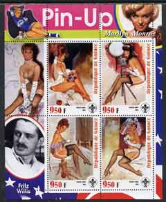 Guinea - Conakry 2003 Pin-up Art of Fritz Willis featuring Marilyn Monroe perf sheetlet containing 4 values (each with Scout logo) unmounted mint, stamps on , stamps on  stamps on films, stamps on  stamps on cinema, stamps on  stamps on entertainments, stamps on  stamps on women, stamps on  stamps on marilyn monroe, stamps on  stamps on personalities, stamps on  stamps on scouts, stamps on  stamps on arts, stamps on  stamps on glamour