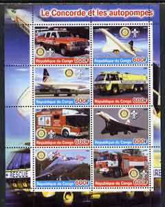 Congo 2004 Concorde & Fire Trucks #1 perf sheetlet containing 8 values (each with Rotary & Scout Logos) unmounted mint, stamps on , stamps on  stamps on concorde, stamps on  stamps on aviation, stamps on  stamps on fire, stamps on  stamps on trucks, stamps on  stamps on rotary, stamps on  stamps on scouts