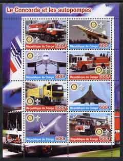 Congo 2004 Concorde & Fire Trucks #2 perf sheetlet containing 8 values (each with Rotary & Scout Logos) unmounted mint, stamps on , stamps on  stamps on concorde, stamps on  stamps on aviation, stamps on  stamps on fire, stamps on  stamps on trucks, stamps on  stamps on rotary, stamps on  stamps on scouts