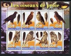 Congo 2004 Birds of Prey perf sheetlet containing 8 values (each with Rotary & Scout Logos) unmounted mint, stamps on birds, stamps on birds of prey, stamps on owls, stamps on rotary, stamps on scouts
