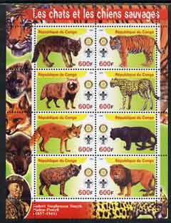 Congo 2004 Wild Cats & Dogs perf sheetlet containing 8 values (each with Rotary & Scout Logos) unmounted mint, stamps on , stamps on  stamps on cats, stamps on  stamps on dogs, stamps on  stamps on lions, stamps on  stamps on tigers, stamps on  stamps on wolves, stamps on  stamps on rotary, stamps on  stamps on scouts