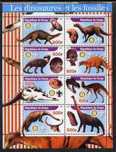Congo 2004 Dinosaurs & Fossils #1 perf sheetlet containing 8 values (each with Rotary & Scout Logos) unmounted mint, stamps on dinosaurs, stamps on fossils, stamps on rotary, stamps on scouts