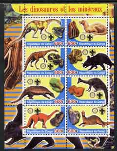 Congo 2004 Dinosaurs & Minerals #1 perf sheetlet containing 8 values (each with Rotary & Scout Logos) unmounted mint, stamps on , stamps on  stamps on dinosaurs, stamps on  stamps on minerals, stamps on  stamps on rotary, stamps on  stamps on scouts