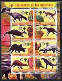 Congo 2004 Dinosaurs & Minerals #2 perf sheetlet containing 8 values (each with Rotary & Scout Logos) unmounted mint, stamps on dinosaurs, stamps on minerals, stamps on rotary, stamps on scouts