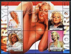 Comoro Islands 2004 Marilyn Monroe with Nude in background perf sheetlet containing 4 values plus 4 labels unmounted mint, stamps on films, stamps on cinema, stamps on entertainments, stamps on women, stamps on marilyn monroe, stamps on personalities, stamps on nudes