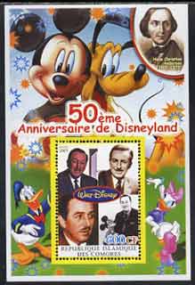 Comoro Islands 2004 50th Anniversary of Disneyland featuring Hans Christian Andersen #1 perf souvenir sheet unmounted mint, stamps on films, stamps on cinema, stamps on entertainments, stamps on disney, stamps on fairy tales, stamps on cartoons