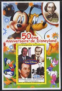 Comoro Islands 2004 50th Anniversary of Disneyland featuring Hans Christian Andersen #1 perf souvenir sheet unmounted mint, stamps on , stamps on  stamps on films, stamps on  stamps on cinema, stamps on  stamps on entertainments, stamps on  stamps on disney, stamps on  stamps on fairy tales, stamps on  stamps on cartoons