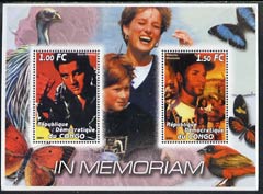Congo 2001 In Memoriam #1 (Princess Di, Roberto Clemente & Elvis) perf sheetlet containing 2 values unmounted mint, stamps on films, stamps on cinema, stamps on entertainments, stamps on elvis, stamps on music, stamps on royalty, stamps on diana, stamps on personalities, stamps on women, stamps on butterflies, stamps on birds