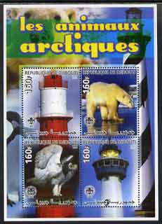 Djibouti 2005 Antarctic Animals & Lighthouses #1 (Polar Bear & Eagle) perf sheetlet containing 4 values (each with Scout Logo) unmounted mint, stamps on , stamps on  stamps on lighthouses, stamps on  stamps on animals, stamps on  stamps on bears, stamps on  stamps on birds, stamps on  stamps on birds of prey, stamps on  stamps on scouts