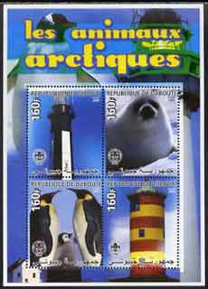 Djibouti 2005 Antarctic Animals & Lighthouses #2 (Seal & Penguins) perf sheetlet containing 4 values (each with Scout Logo) unmounted mint, stamps on lighthouses, stamps on animals, stamps on seals, stamps on birds, stamps on penguins, stamps on scouts