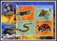 Djibouti 2005 Pre-historic Life #2 (Tortoise, Snake, Fish & Coral) perf sheetlet containing 4 values each with Scout Logo, unmounted mint, stamps on dinosaurs, stamps on tortoise, stamps on reptiles, stamps on scouts, stamps on snake, stamps on snakes, stamps on marine life, stamps on coral, stamps on 