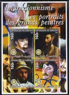 Djibouti 2005 Portraits of Impressionists #1 perf sheetlet containing 4 values each with Rotary Logo, unmounted mint, stamps on , stamps on  stamps on arts, stamps on  stamps on rotary, stamps on  stamps on renoir, stamps on  stamps on manet, stamps on  stamps on cezanne