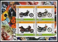 Djibouti 2005 Harley Davidson Motorcycles perf sheetlet containing 4 values unmounted mint, stamps on , stamps on  stamps on motorbikes, stamps on  stamps on elvis, stamps on  stamps on marilyn monroe, stamps on  stamps on 