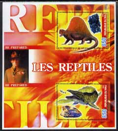 Mali 2005 Prehistoric Reptiles & Minerals perf sheetlet containing 2 values with Baden Powell in background, unmounted mint, stamps on , stamps on  stamps on dinosaurs, stamps on  stamps on reptiles, stamps on  stamps on minerals, stamps on  stamps on scouts, stamps on  stamps on 