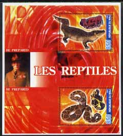 Mali 2005 Reptiles & Minerals #2 perf sheetlet containing 2 values with Baden Powell in background, unmounted mint, stamps on reptiles, stamps on minerals, stamps on scouts, stamps on snakes, stamps on snake, stamps on snakes, stamps on 