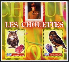 Mali 2005 Owls & Minerals perf sheetlet containing 2 values with Baden Powell in background, unmounted mint, stamps on owls, stamps on birds, stamps on minerals, stamps on scouts, stamps on birds of prey
