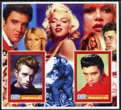 Mali 2005 Elvis & James Dean perf sheetlet containing 2 values with Marilyn Monroe in background, unmounted mint, stamps on films, stamps on cinema, stamps on entertainments, stamps on women, stamps on marilyn monroe, stamps on personalities, stamps on music, stamps on elvis