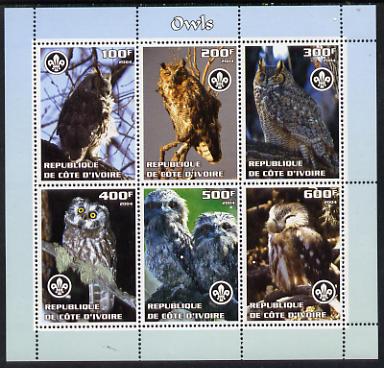 Ivory Coast 2004 Owls perf sheetlet containing 6 values each with Scouts Logo unmounted mint, stamps on birds, stamps on owls, stamps on birds of prey, stamps on scouts