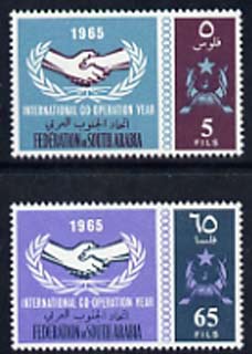 South Arabian Federation 1965 International Co-operation Year set of 2 unmounted mint SG 17-18, stamps on , stamps on  stamps on communications, stamps on  stamps on  icy , stamps on  stamps on united nations