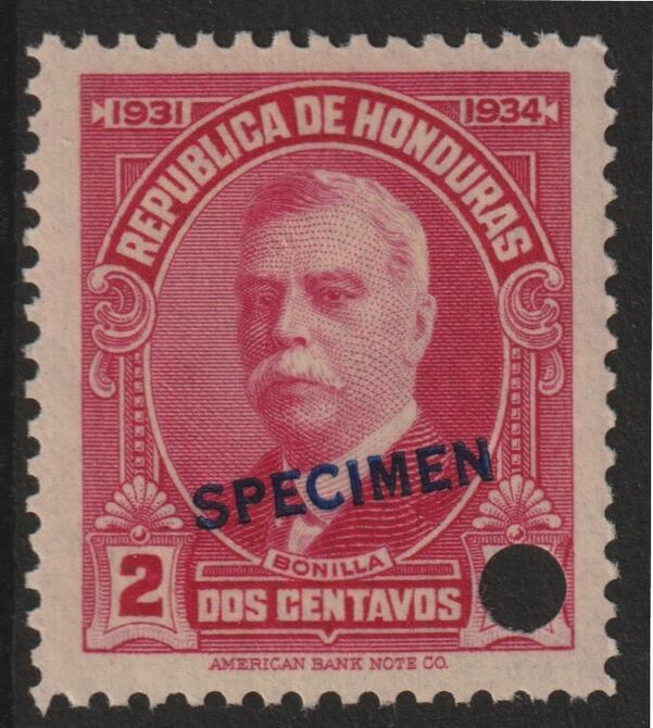 Honduras 1931 Bonilla 2c carmine optd SPECIMEN (13mm x 2mm) with security punch hole (ex ABN Co archives) unmounted mint as SG 320*, stamps on 