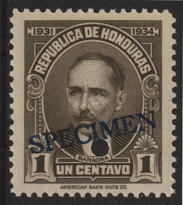 Honduras 1931 Pres Baraona 1c sepia optd SPECIMEN (20mm x 3mm) with security punch hole (ex ABN Co archives) unmounted mint as SG 319, stamps on , stamps on  stamps on honduras 1931 pres baraona 1c sepia optd specimen (20mm x 3mm) with security punch hole (ex abn co archives) unmounted mint as sg 319