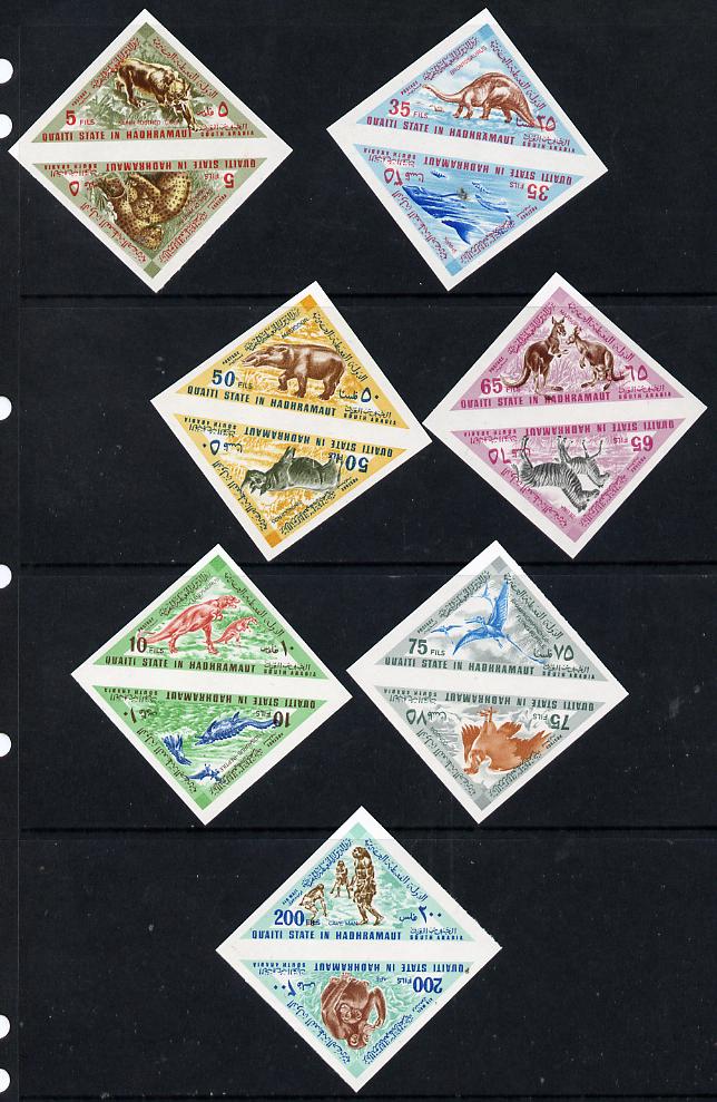 Aden - Quaiti 1968 Animals (Past & Present) imperf triangular set of 14 unmounted mint (Mi 177-90B), stamps on animals    dinosaurs     triangulars, stamps on saber tooth