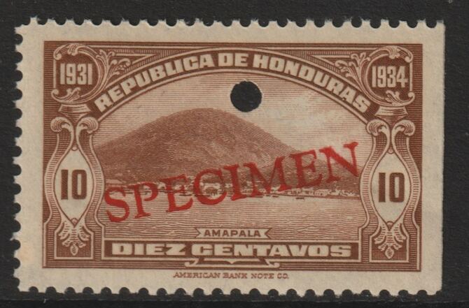 Honduras 1931 Amapala 10c brown optd SPECIMEN (20mm x 3mm) with security punch hole (ex ABN Co archives) unmounted mint as SG 323*, stamps on 