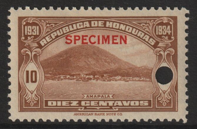 Honduras 1931 Amapala 10c brown  optd SPECIMEN (13mm x 2mm) with security punch hole (ex ABN Co archives) unmounted mint as SG 323*, stamps on 
