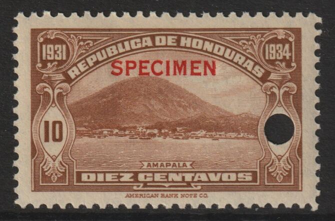 Honduras 1931 Amapala 10c brown  optd SPECIMEN (13mm x 2mm) with security punch hole (ex ABN Co archives) unmounted mint as SG 323*, stamps on , stamps on  stamps on honduras 1931 amapala 10c brown  optd specimen (13mm x 2mm) with security punch hole (ex abn co archives) unmounted mint as sg 323*