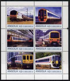 Angola 2000 Modern Trains #02 perf sheetlet containing set of 6 unmounted mint, stamps on , stamps on  stamps on railways