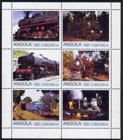 Angola 2000 Steam Locos #06 perf sheetlet containing set of 6 unmounted mint, stamps on , stamps on  stamps on railways