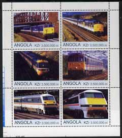 Angola 2000 Modern Trains #03 perf sheetlet containing set of 6 unmounted mint, stamps on , stamps on  stamps on railways