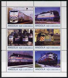 Angola 2000 Modern Trains #05 perf sheetlet containing set of 6 unmounted mint, stamps on railways
