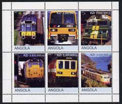 Angola 2000 Modern Trains #06 perf sheetlet containing set of 6 unmounted mint, stamps on , stamps on  stamps on railways