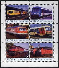 Angola 2000 Modern Trains #07 perf sheetlet containing set of 6 unmounted mint, stamps on , stamps on  stamps on railways