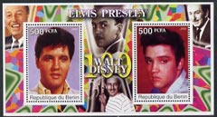 Benin 2002 Birth Centenary of Walt Disney featuring Elvis Presley perf m/sheet containing 2 values unmounted mint, stamps on , stamps on  stamps on films, stamps on  stamps on cinema, stamps on  stamps on entertainments, stamps on  stamps on disney, stamps on  stamps on elvis, stamps on  stamps on music