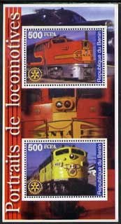 Benin 2002 Portraits of Locomotives perf m/sheet containing 2 values each with Rotary Logo, unmounted mint, stamps on railways, stamps on rotary