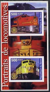 Benin 2002 Portraits of Locomotives imperf m/sheet containing 2 values each with Rotary Logo, unmounted mint, stamps on , stamps on  stamps on railways, stamps on  stamps on rotary